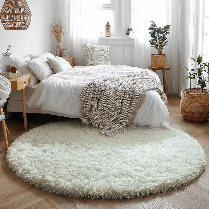 Amdrebio Ivory White Round Rug 4Ft for Kids Bedroom Aesthetic, Washable Fluffy Fuzzy Circle Area Rugs for Living Room, Circular Plush Soft Shaggy Cream Carpet for Baby Nursery Dorm Teen Girls Boys