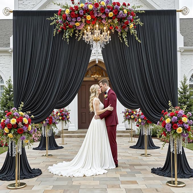 50x12 ft Black Backdrop Curtain, 10 Panels 5x12 ft Long Wrinkle Free Silky Polyester Fabric Wedding Backdrop Drapes Black Photo Back Drop Curtains for Parties Photography Background Cloth