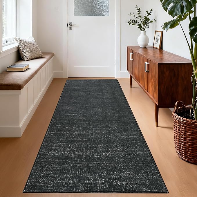 Washable Runner Rug 2x6 Modern Solid Color Kitchen Runner Mat Minimalist Plain Long Runner Rug for Entryway Bedroom Bedside Non Slip Low Pile Boho Accent Solid Runner Rugs for Nursery, Black 2'x6'