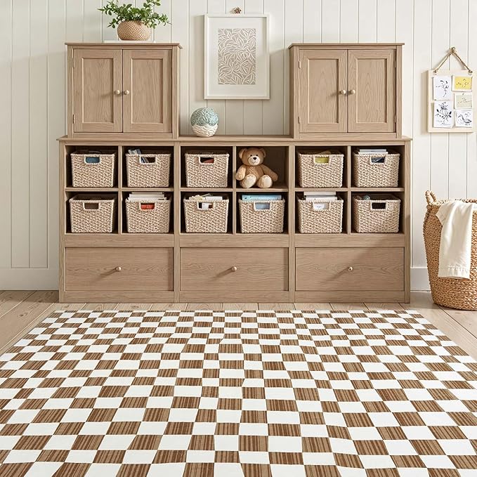jinchan 4x6 Brown Checkered Area Rugs for Kids Room - Machine Washable Rug Modern Neutral Geometric Lattice Soft Non-Slip Carpet for Nursery Playroom Bedroom Entryway Living Room Home Office