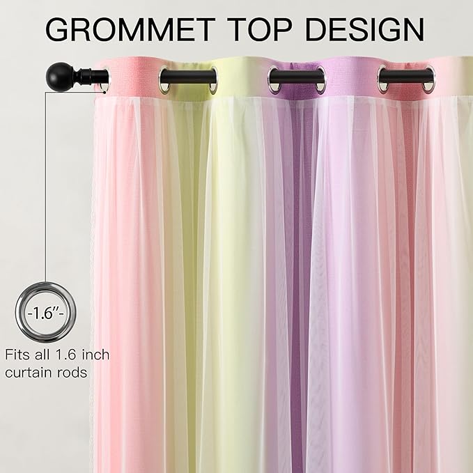 XiDi 100% Blackout Pink and Yellow Girls Curtains for Bedroom 63 Inches Long 2 Panels Nursery Curtains with Sheer Overlay Kids Princess Room Decor Soundproof Light Blokc Grommet Window Drapes 52Wx63L
