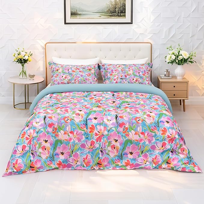 3 PCS Spring Multi Pink Meadow Duvet Cover Queen Size, Washed Fiber Floral Botanical Pattern Bedding Set, Cozy Soft Breathable Quilt Cover, Zipper + 8 Corner Ties + 2 Pillow Shams, Without Comforter