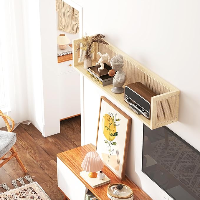 Rattan Wall Shelf - 36 Inch Long Natural Pine Wood Floating Wicker Shelf for Neutral Nursery Decor and Living Room, Bedroom