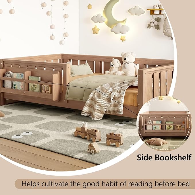 Bellemave Twin Floor Bed with Slats and Safety Guardrail, Twin Size Montessori Floor Bed with Fence and Built-in Bookshelf, Easy Assemble Montessori Beds for Kids, Girls, Boys, Natural