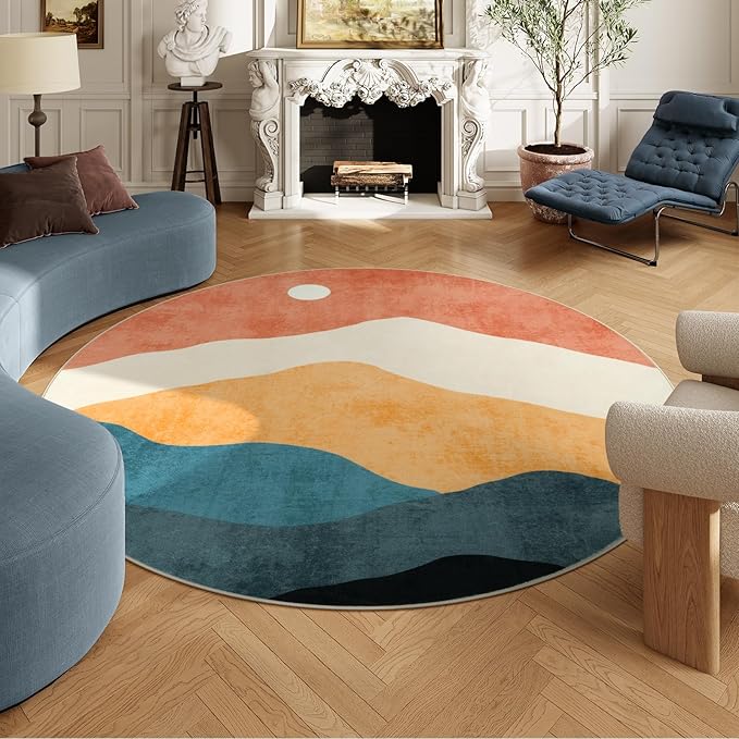 Mountain Round Rugs 8ft, Abstract Circle Rug for Living Room Non Slip Washable Bedroom Area Rug, Soft Extra Large Round Carpet for Nursery Dinng Room Playroom(Multi)