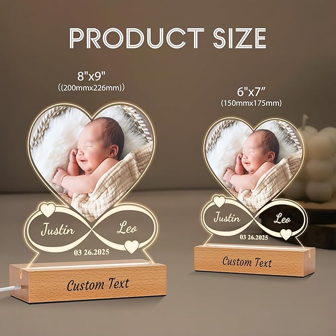 Personalized Baby Gifts for Kids, Custom Acrylic Plaque Picture Frame with Name Night Light for Boys Girls, Perfect Birthday Newbown Baby Shower Gifts, Children's Nursery Room Decor
