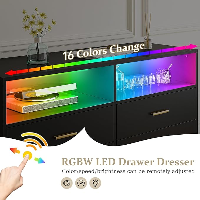 Black Dresser with LED Lights, Wood Dresser for Bedroom with 6 Wide Large Drawers,2 Open Shelves Top, Elegant Chest of Drawers for Living Room Hallway Entryway, 47.2" W