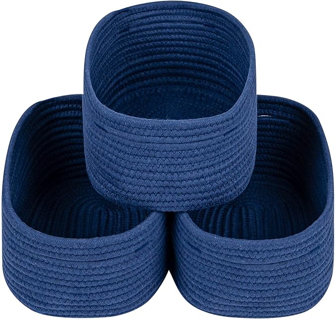 CubesLand Small Storage Baskets for Shelves, Navy Blue Closet Organization Storage Bins Empty Gift Basket 3 Packs Baby Nursery Woven Baskets for Organizing, Rectangular Clothes Closet Shelves Baskets