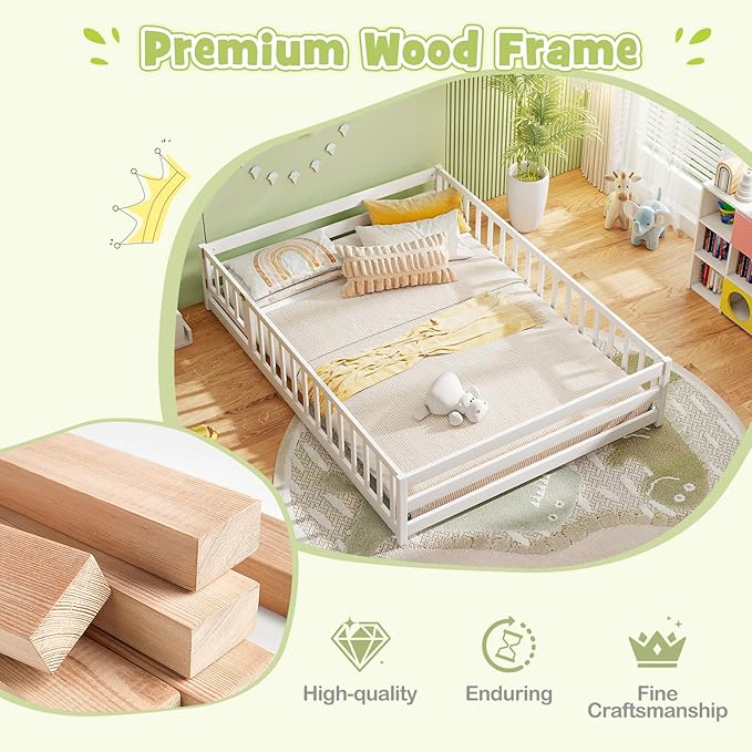 KOMFOTT Full Size Wood Floor Bed with Door & Fence, Montessori Bed Frame with Full Length Safety Guardrails, Door & Latch, Wooden Montessori Floor Bed for Kids, Girls, Boys (Full,White)
