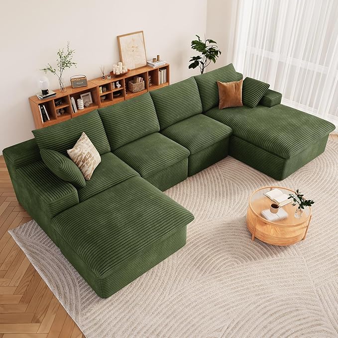 136" Cloud Modular Sectional Sofa with 1 Ottoman, Deep Seat Boneless Couch, Modern Upholstered Corduroy Couches, Comfort U Shaped Sofa for Living Room, No Assembly Required(Green,Right Facing Chaise)