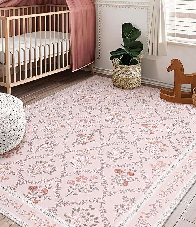 YIHOUSE Pink Floral Print Rugs, Moroccan Trellis 10x14 Washable Large Rug, Modern Pastel Non Slip Ultra-Thin Area Rug for Classroom, Nursery Playroom,Dorm,Bedroom,Living Room, Pink Multi