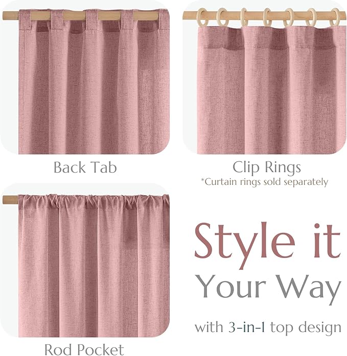 jinchan Pink Linen Blend Curtains 63 inch Length 2 Panels for Bedroom Living Room, Semi Sheer 50 inch Wide Farmhouse Cottage Core Style Drapes with Rod Pocket Back Tab(50W x 63L, Pink)