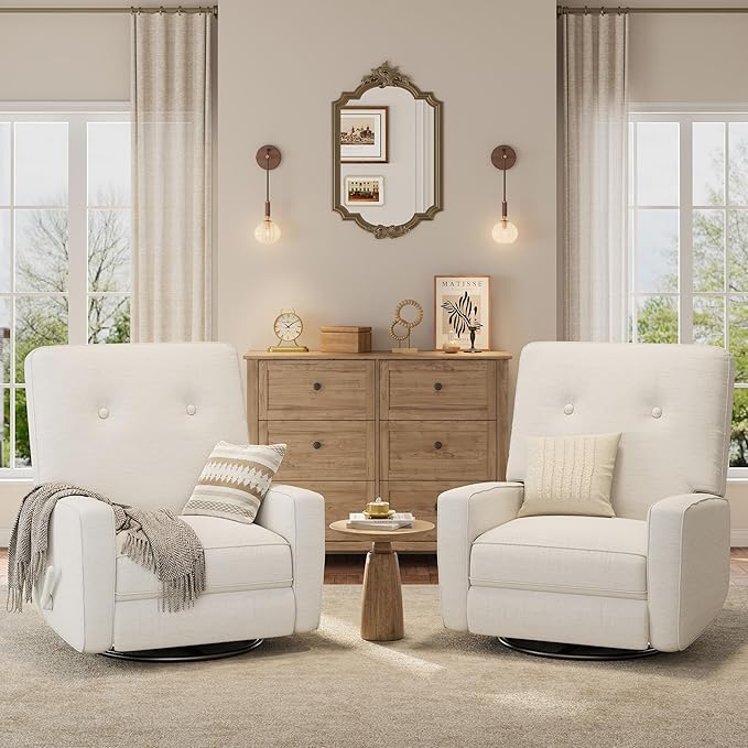 GarveeHome Oversized Recliner Chairs, Swivel Rocker Recliner, Glider Recliner Nursery Chair, Recliner Chair for Adults, 360°Swivel Glider Rocking Chair for Living Room, Bedroom, Office, Linen, White