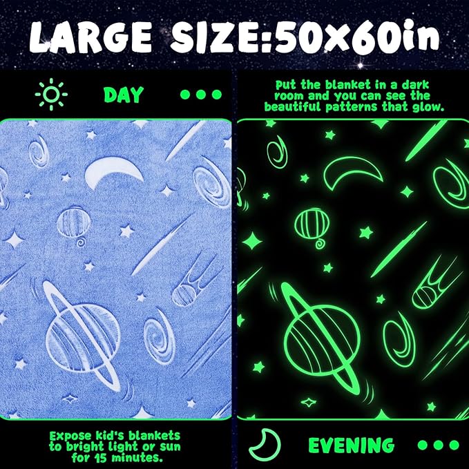 inhand Blue Space Toys Glow in the Dark Stars Blanket Birthday Gifts for Boys Cute Kids Blanket and Funny Space Planet Moon Galaxy Room Decor for Age 3 4 5 6 7 8 9 10 11 12 13 Year Old (40''x60''Blue)