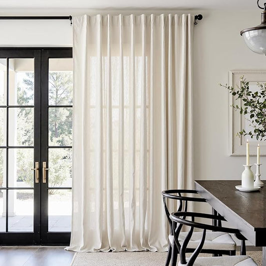 jinchan Beige Linen Blend Curtain 120 Inches Extra Long 1 Panel for Sliding Door, Light Filtering 100 Inches Extra Wide Patio Door Natural Drape with Rod Pocket Back Tab (100W x 120L, Ecru)