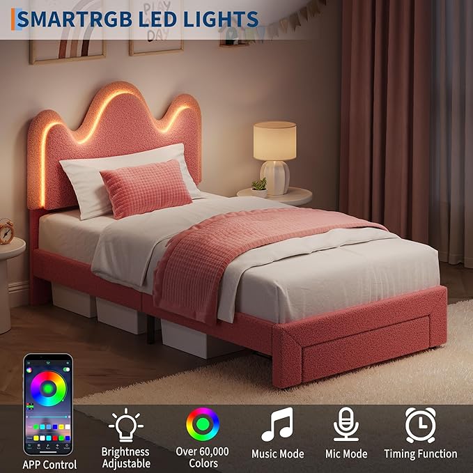 IDEALHOUSE Twin Bed Frame with LED Headboard and Under-Bed Drawer, Metal Upholstered Platform Bed with LED Light for Kids, Girls, Lamb Fleece Fabric, Wooden Slats Support, No Box Spring Needed, Pink
