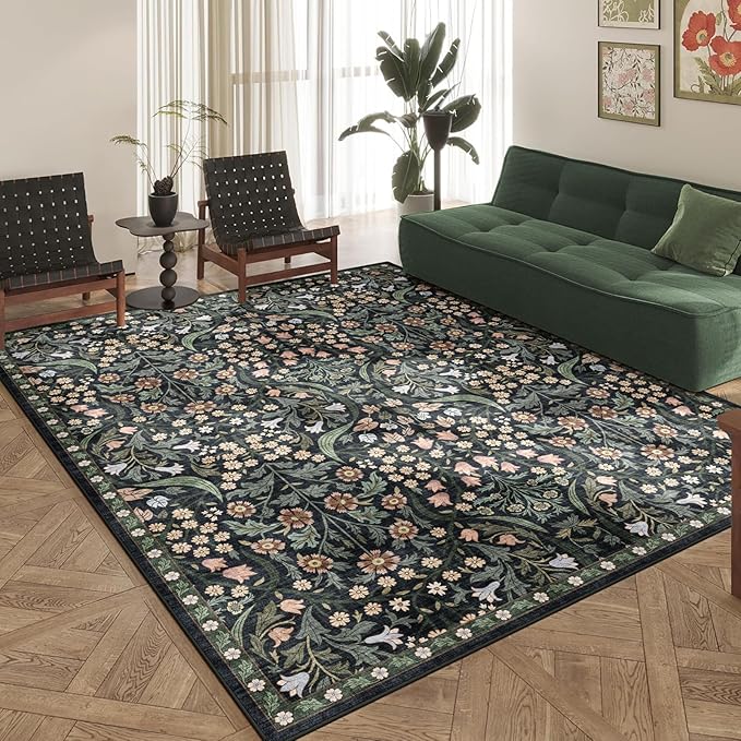 8x10 Washable Area Rug for Living Room, Floral Non-Slip Non-Shedding & Easy Care, Large Soft Low Pile Botanical Indoor Floor Carpet for Living Room, Bedroom, Dining Room, Kids Playroom, Nursery, Black