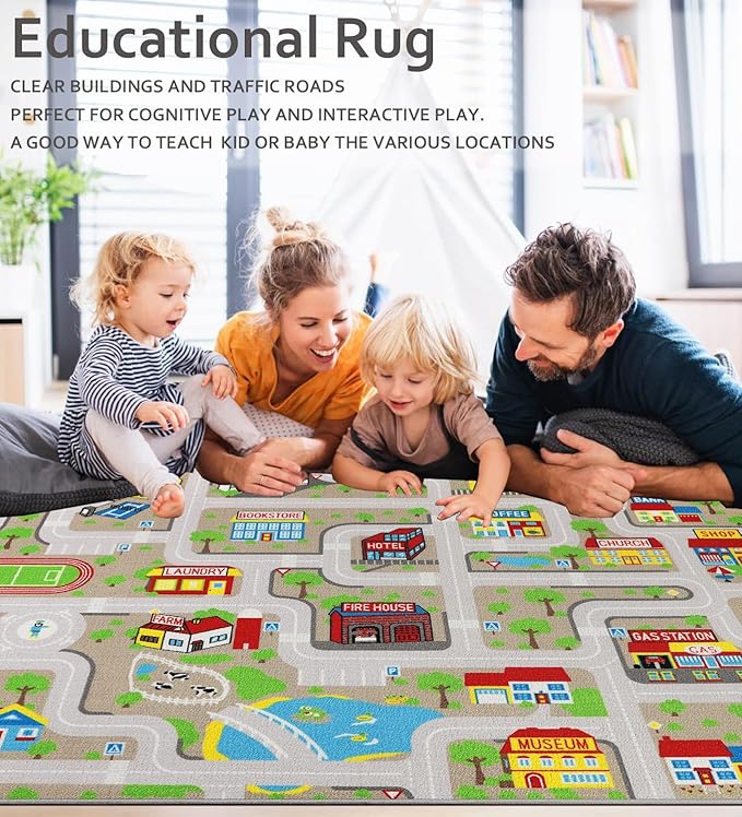 Kids Carpet Playmat Rug 5'0''x6'6'', Kids Rugs for Bedroom, Non-Slip Town City Road Map Car Rugs for Kids Toy Cars, Track Carpet Play Rug for Playroom Classroom Decor (Tan)