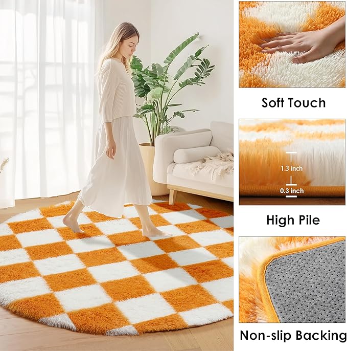 KICMOR Round Rugs 5ft Orange and Cream White Circle Area Rug, Fluffy Soft Fuzzy Shag Shaggy Bedroom Living Room Carpet, Indoor Checkered Circular Rug for Kid Boys Girls Home Decor Aesthetic, Nursery