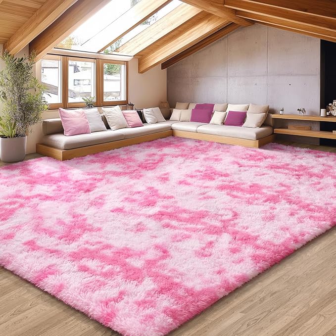 EVOIONOS Area Rug for Living Room Bedroom, Washable 6x9 Fluffy Shag Large Rug, Soft Plush Non Slip Carpet for Indoor Floor Bedside Nursery Kids Girls Room Dorm, Home Decor Aesthetic, Tie-Dyed Pink
