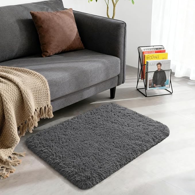 Merelax Fluffy Shaggy Small Area Rug, Dark Grey 2x3 Doormat Door Rugs for Bedside Christmas Decor, Mini Fuzzy Plush Throw Rug, Soft Non-Slip Entryway Shag Catpet for Livingroom Holiday Home Aesthetic