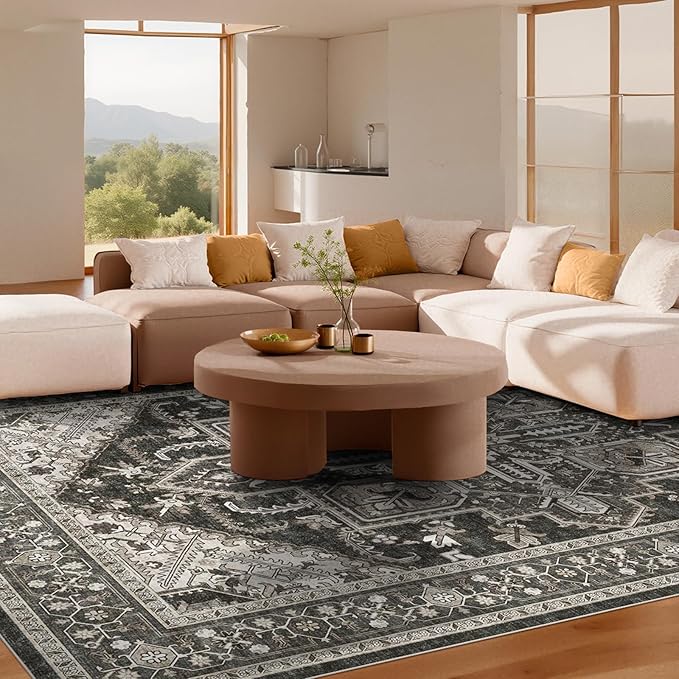 WITSHOCK Black 10x14 Large Living Room Rugs: Washable Modern Vintage Boho Soft Low Pile Stain Resistant Foldable Carpet for Bedroom Playroom Dining Room Office, Distressed Farmhouse Floral Home Decor