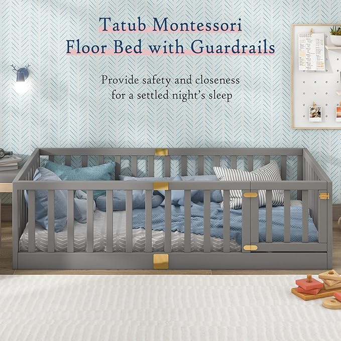 Tatub Twin Montessori Floor Bed with High Rails, Solid Wood Montessori Bed Frame for Kids, Door Can Install Left and Right, Twin-Grey