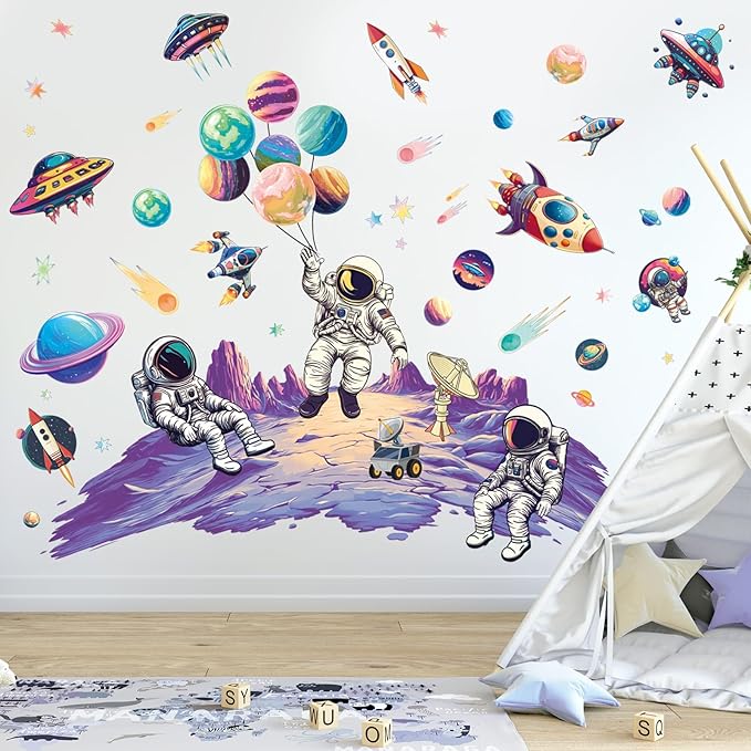 SHUCHING Outer Space Astronaut Wall Sticker Peel and Stick, Vinyl Planet Rocket Wall Decal, Wall Decor Art for Baby Kids Bedroom Nursery Playroom