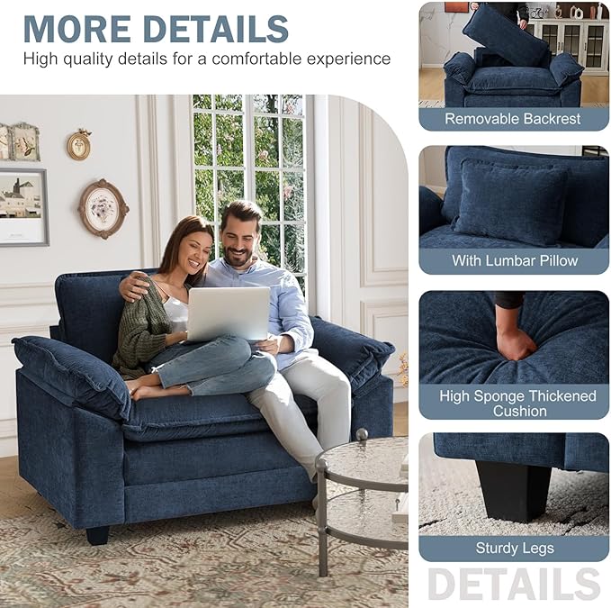 CDCASA Oversized Accent Chair, Chenille Mid Century Modern Armchair, Comfy Upholstered Seating Reading Cloud Sofa Chairs for Bedroom Living Room, Set of 2,Blue