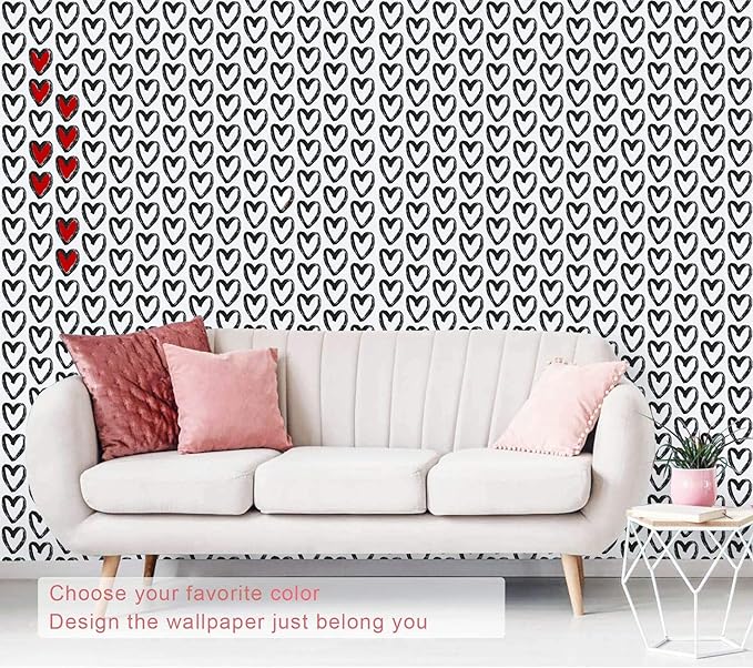 Timeet Modern Heart Peel and Stick Wallpaper - Self Adhesive, 17.7"x78.7", Black and White, Removable, Decorative for Bedroom, Living Room, Bathroom