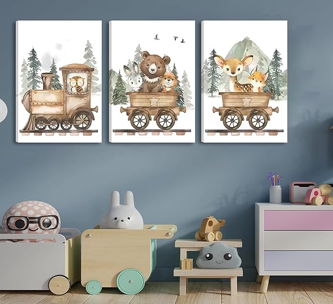 3Pcs Framed Woodland Animal Nursery Canvas Wall art Forest Wildlife Train Adventure Drawing Picture Wall Decor Fox Bear Deer Rabbit Owl Poster Printings for Boys Girls Room Home Decoration