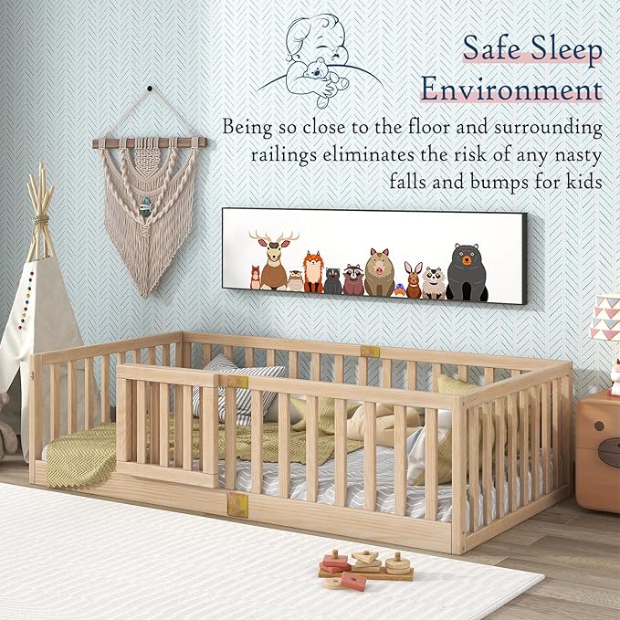 Tatub Twin Montessori Floor Bed with High Rails, Solid Wood Montessori Bed Frame for Kids, Door Can Install Left and Right, Twin-Nature