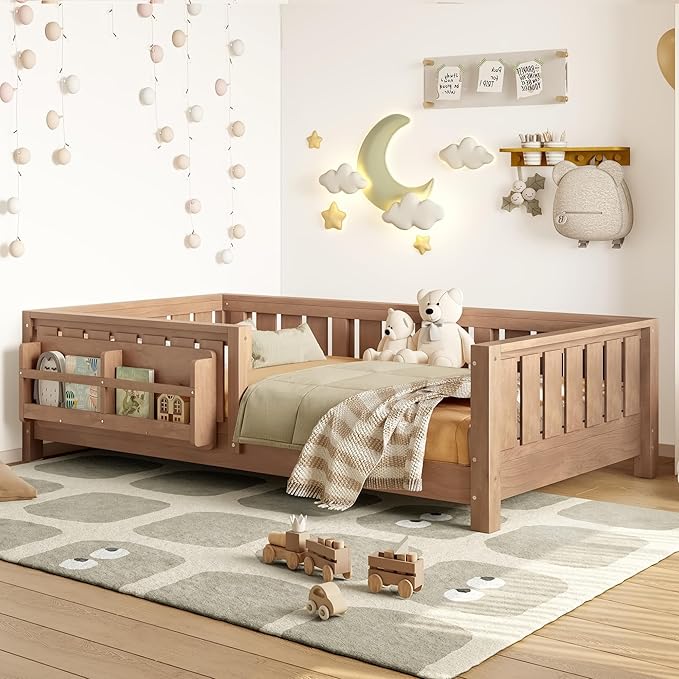 Bellemave Twin Floor Bed with Slats and Safety Guardrail, Twin Size Montessori Floor Bed with Fence and Built-in Bookshelf, Easy Assemble Montessori Beds for Kids, Girls, Boys, Natural