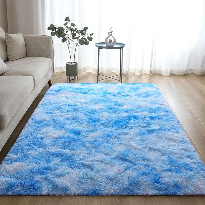 DweIke Fluffy Blue Shag Rugs for Bedroom Living Room, 5x8 Large Soft Plush Tie-Dyed Light SkyBlue Girls Boys Kids Rug, Upgraded Non-Slip and Machine Washable Carpet for Dorm Nursery Classroom Decor