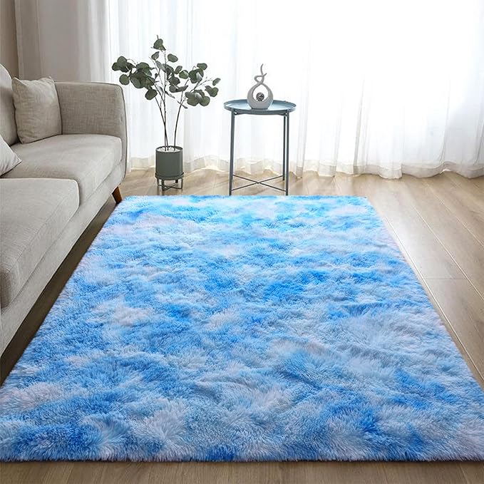 DweIke Fluffy Blue Shag Rugs for Bedroom Living Room, 6x9 Large Soft Plush Tie-Dyed Light SkyBlue Girls Boys Kids Rug, Upgraded Non-Slip and Machine Washable Carpet for Dorm Nursery Classroom Decor