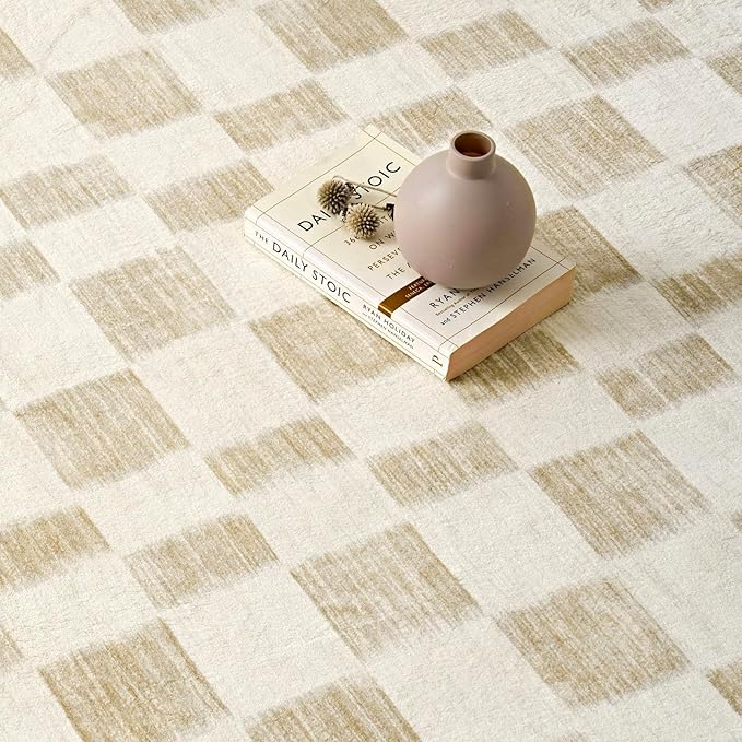 EverGrace Checkered Plaid Area Rug 4x6, Soft Fuzzy Faux Wool Rugs Washable Anti Slip Rugs Large Rug Carpet for Entryway Bedroom Living Room Hallway Kitchen Dining Room and Laundry Room, Beige