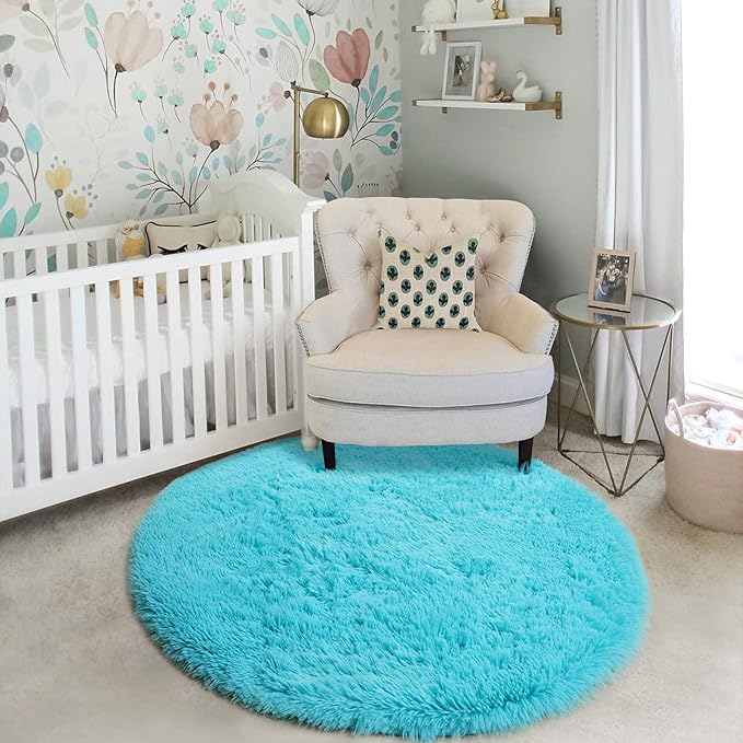 Blue Round Circle Rugs 6Ft for Kids Bedroom, Large Soft Washable Fluffy Area Rug for Teen Girls Boys, Play Room Decor Aesthetic, Plush Shaggy Fuzzy Baby Carpet for Living Room Nursery Classroom Dorm