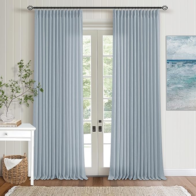 Dusty Blue Pleated Linen Curtains 96 Inches Long for Living Room 2 Panel Set Semi Sheer Light Filtering Pinch Pleat with Rings Hooks Drapes Boho Farmhouse Light Blue Grey Curtain Bedroom Window