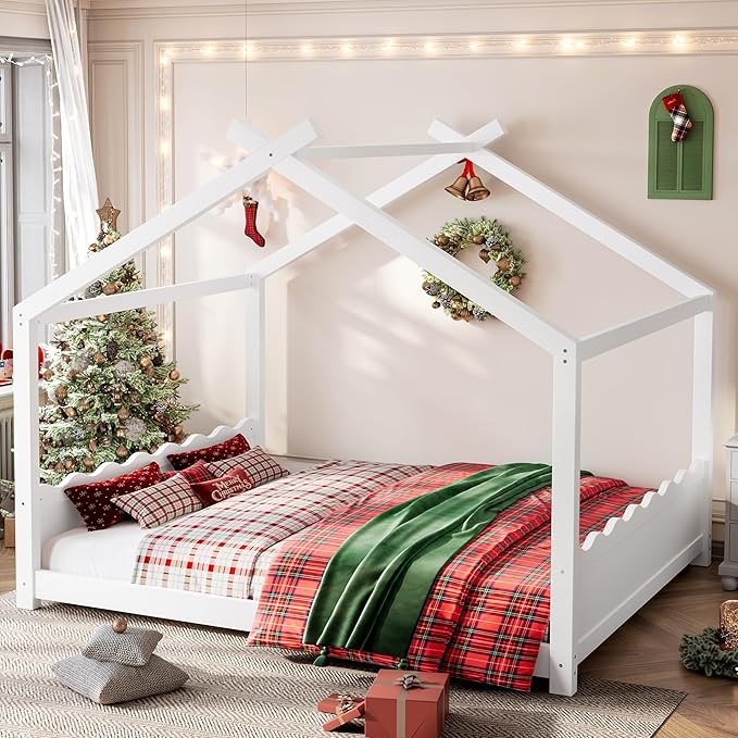 Queen Size Wooden House Floor Bed - Kids Bed Frame with Roof & Support Slats for Bedroom, No Box Spring Needed, Easy Assembly (White)