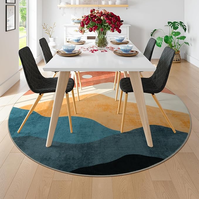 Mountain Round Rugs 8ft, Abstract Circle Rug for Living Room Non Slip Washable Bedroom Area Rug, Soft Extra Large Round Carpet for Nursery Dinng Room Playroom(Multi)