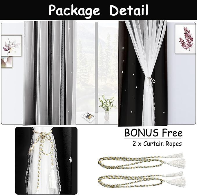 Kinryb Kids Blackout Curtains for Bedroom/Living Room/Classroom, Sheer Overlay Small 2 Panel Set, Double Layer Curtains with Star Cutout for Kids Room(W 52 x L 36 Inches,Black 2 Pcs)