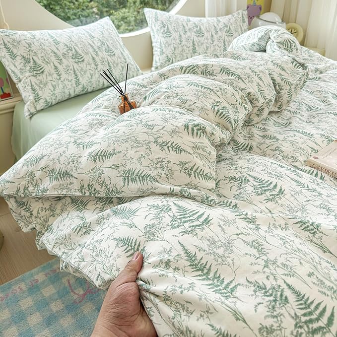 LifeTB Muslin Duvet Cover Full Size 100% Cotton Botanical Floral Comforter Cover Ultra Soft Cottagecore Bedding Set Lightweight Linen Feel Textured Breathable Gauze Duvet Cover with 2 Pillowcases