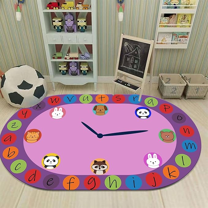 Children's Area Rugs, 5x8ft, Alphabet Animal Early Learning Oval Rug, Cartoon Animal Pointer Print Playmat, Non-Slip Washable Purple Floor Carpet for Kids Room Classroom Nursery