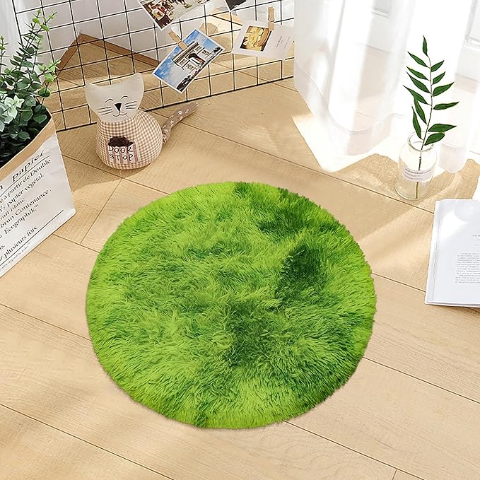 2 ft Small Green Grass Round Rugs for Bedroom,Tie Dyed Green Circle Rug Fluffy Fuzzy Round Carpet Shag for Boys Bedroom Girls Room Kids Playroom Nursery Room Decor Aesthetic