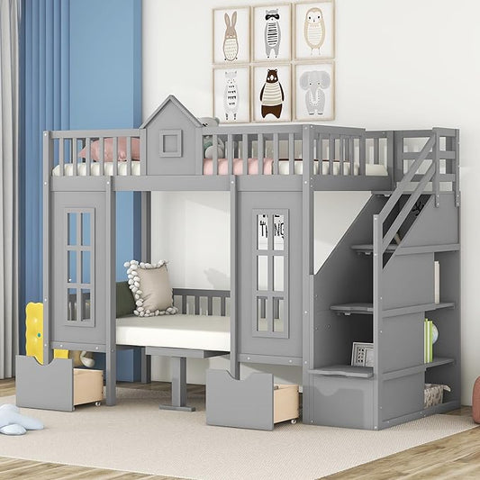 Playhouse Twin Size Loft Bed with Storage Staircase, Solid Wood Bunk Bed Frame with Guardrail for Kids Teens Boys Girls, Down Bed Convertible to Seats and Table Set (Grey-C)
