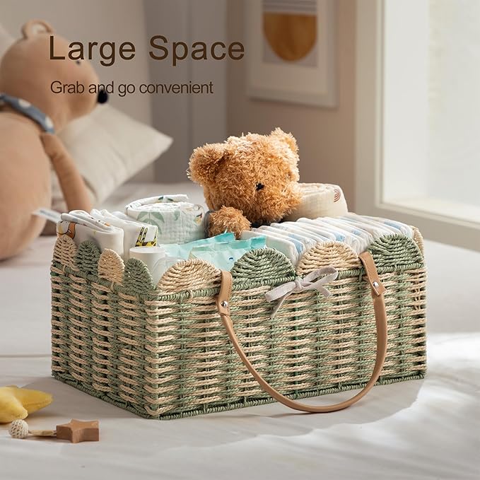 HBlife Large Baby Diaper Caddy, Paper Rope Storage Baskets Nursery Bin with Removable Divider, Portable Car Organizer for Diapers, Baby Shower Gifts, Newborn Essentials Must Haves