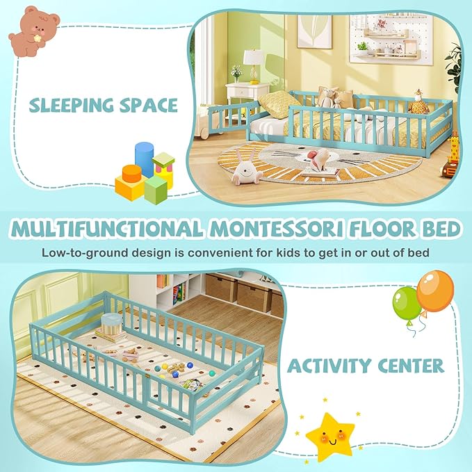 Giantex Twin Floor Bed with Door & Fence, Kids Wood Montessori Beds with Safety Guardrails, Floor Bed Twin for Kids, Boys, Girls, No Box Spring Needed, ICY Aqua