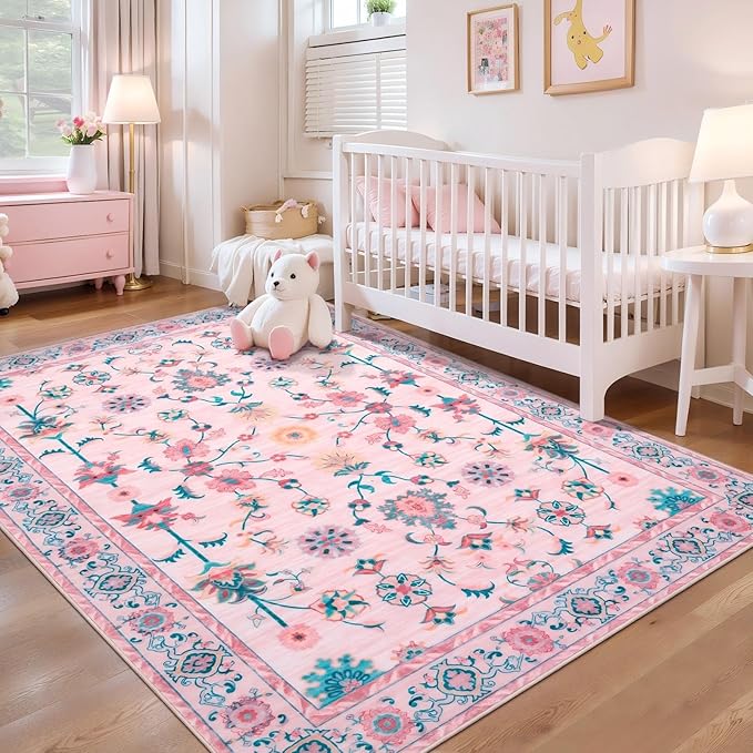 Tangsoo Pink Small Rug for Entryway, 2x3 Washable Entry Rug for Girls Nursery Bedroom Bedside, Non Slip Floral Area Throw Rugs Soft Cute Floor Carpet Indoor Mat for Entrance Kitchen Bathroom