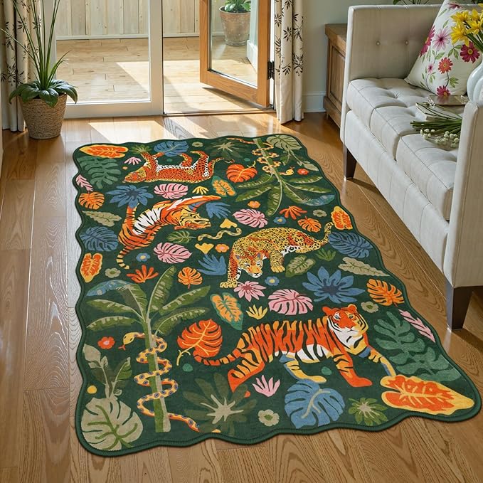 LEEVAN 3x5 Bedroom Rug Washable Tiger Kitchen Rugs Non Slip Green Entryway Mat Scalloped Bathroom Floor Pad Leopard Living Room Rug Low Pile Playroom Carpet Jungle Kids Mat