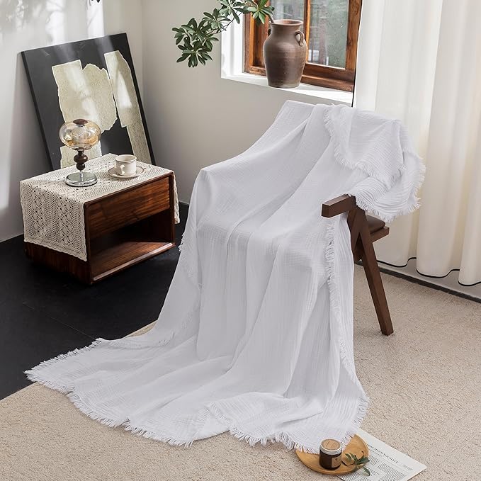 FOSSA Muslin Blanket with Fringe - 4-Layer 100% Cotton Gauze Super Soft & Breathable Throw -Lightweight Decorative Cooling Blanket for Bed, Sofa, Office -Throw XL Size 70" x 50" (Bright White)